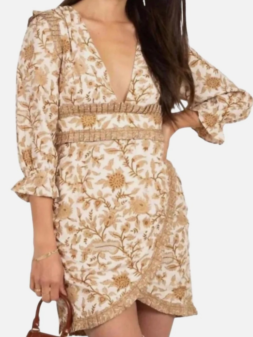 Cleobella | Victoria Floral Cream Brown Block Print Mini Dress Size Small